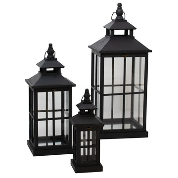 Set Of 3 Black Window Style Lanterns With Open Top