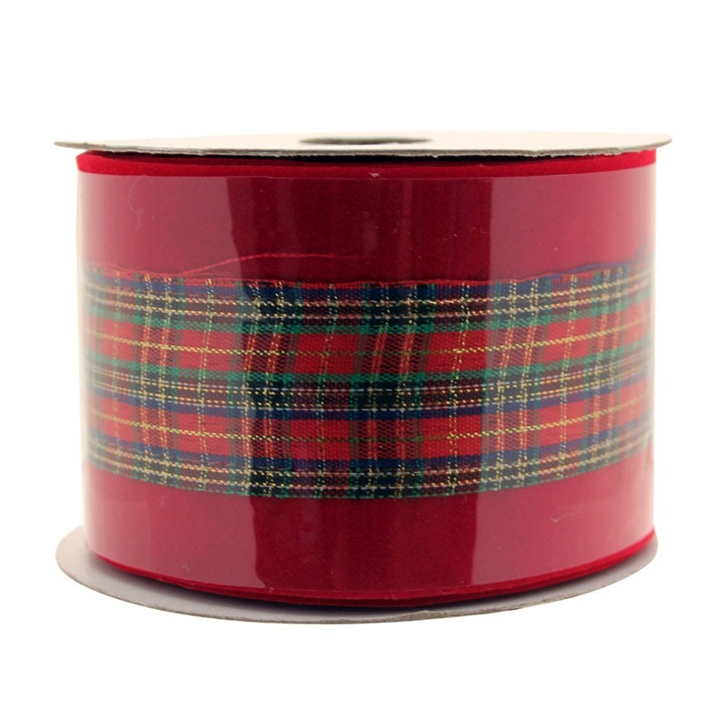 Red Velvet Ribbon With Tartan Centre  (2.5 Inch X 10m)