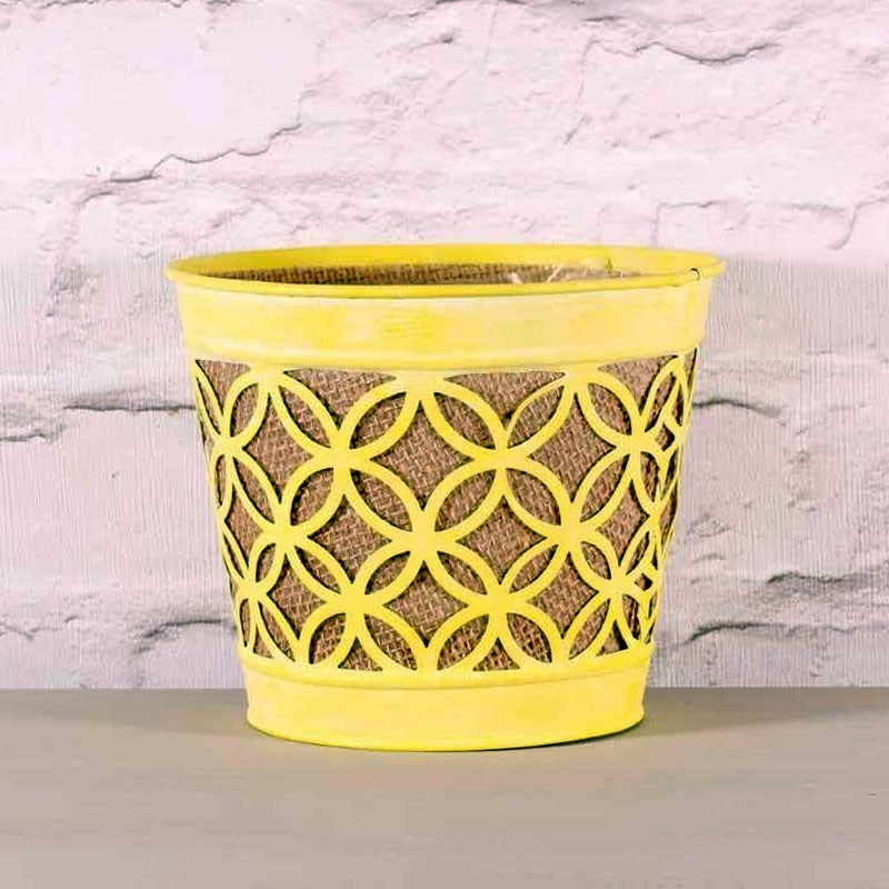 Yellow Metal Planter with Hessian 16.5cm