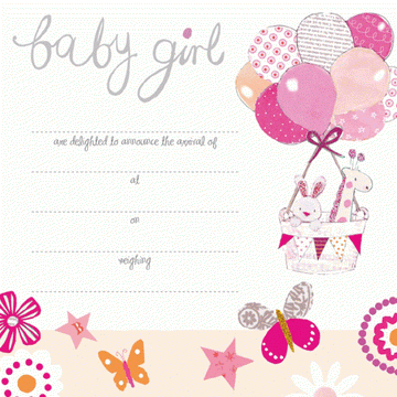 Baby Girl birth announcement card - Balloons and butterfly design