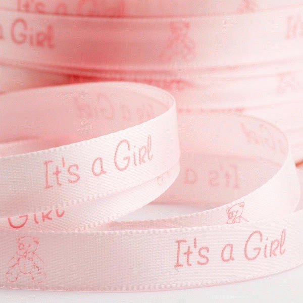 Its A Girl - Pale pink satin ribbon with teddy 10mm x 25m