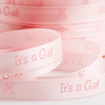 Its A Girl - Pale pink satin ribbon with teddy 10mm x 25m