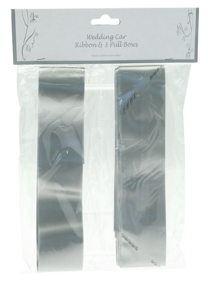 Silver Wedding Car Ribbon & 3xBows