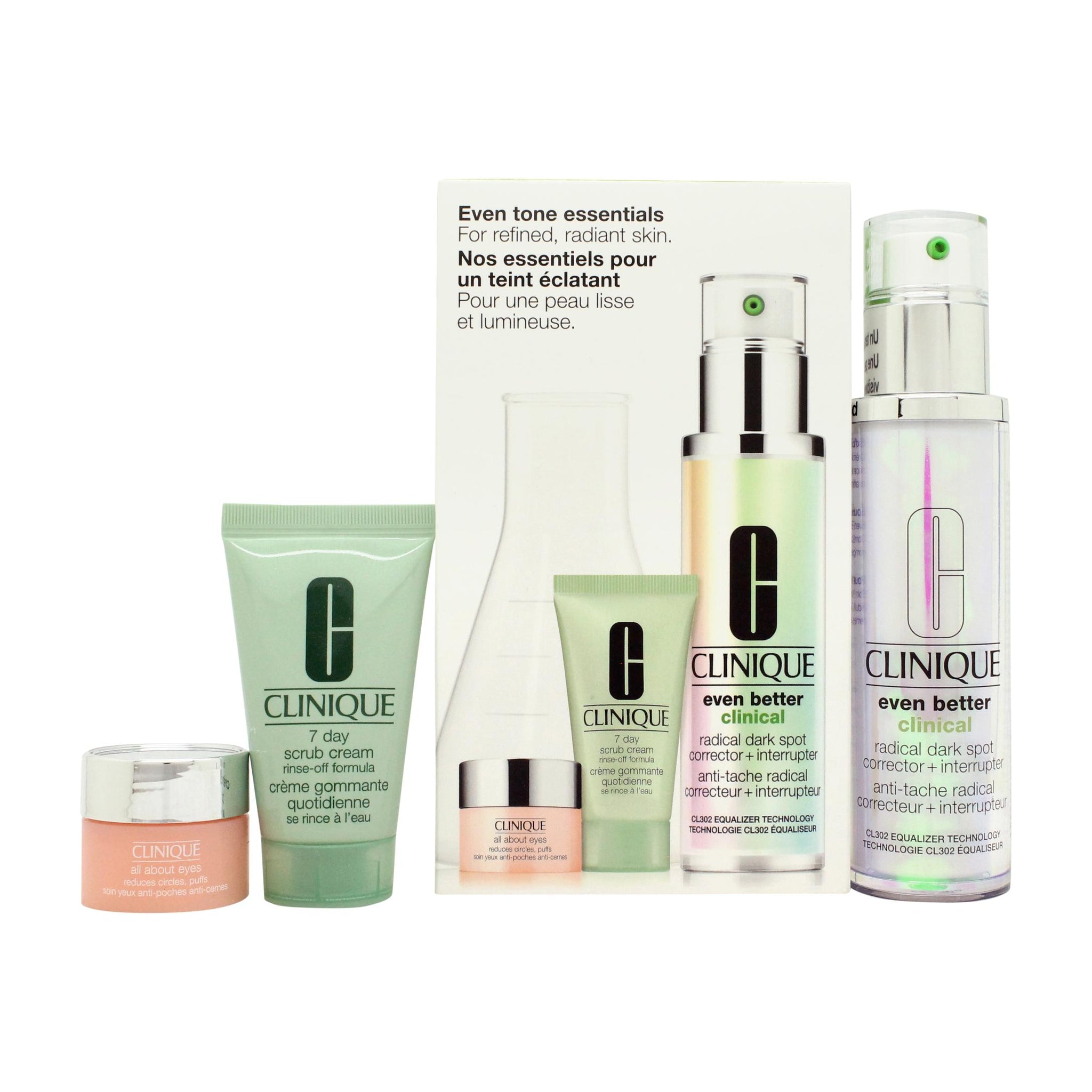 Clinique Even Tone Essentials Gift Set 50ml Even Better Clinical Radical Dark Spot Corrector + Interrupter + 30ml 7 Day Scrub Cream + 5ml All About Eyes