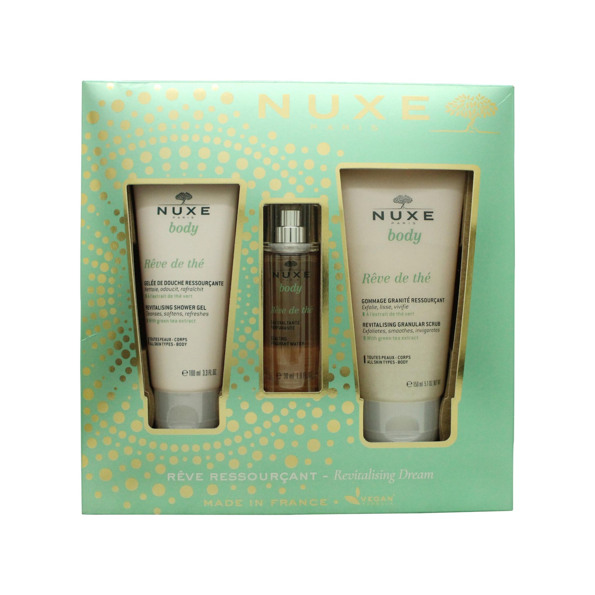 Nuxe Body Rêve de Thé Revitalising Dream Gift Set 30ml Exalting Fragrant Water + 100ml Revitalising Shower Gel + 150ml Revitalising Granular Scrub