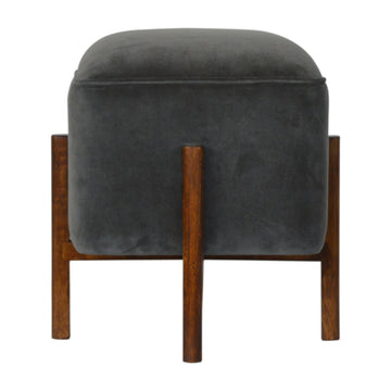 Solid Wood Grey Velvet Footstool