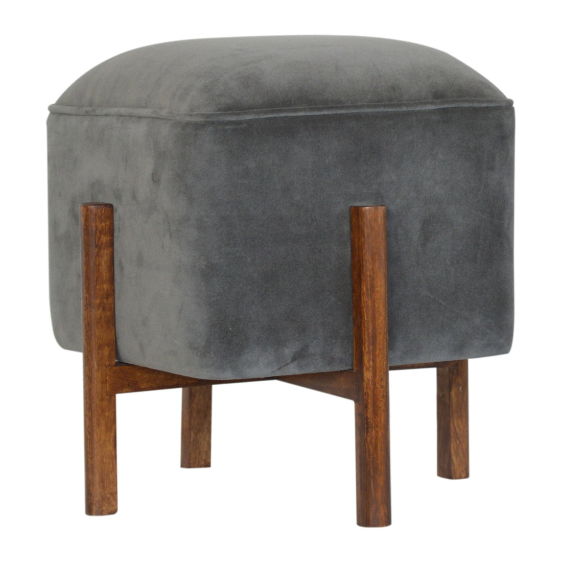 Solid Wood Grey Velvet Footstool