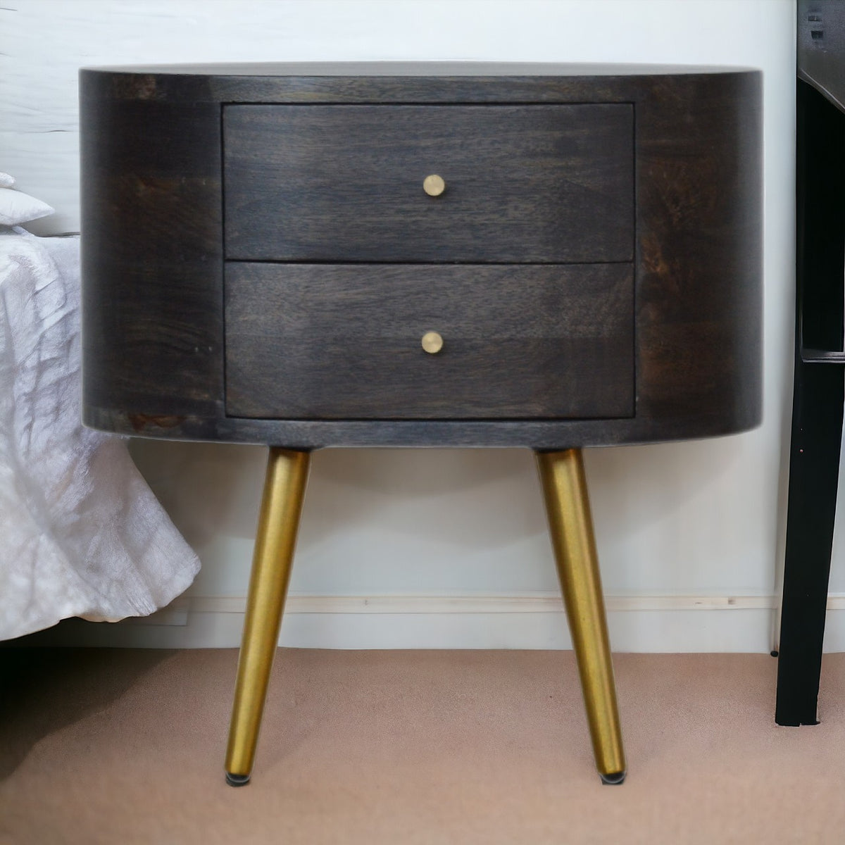 Ash Black Bedside with Brass Legs in room setting