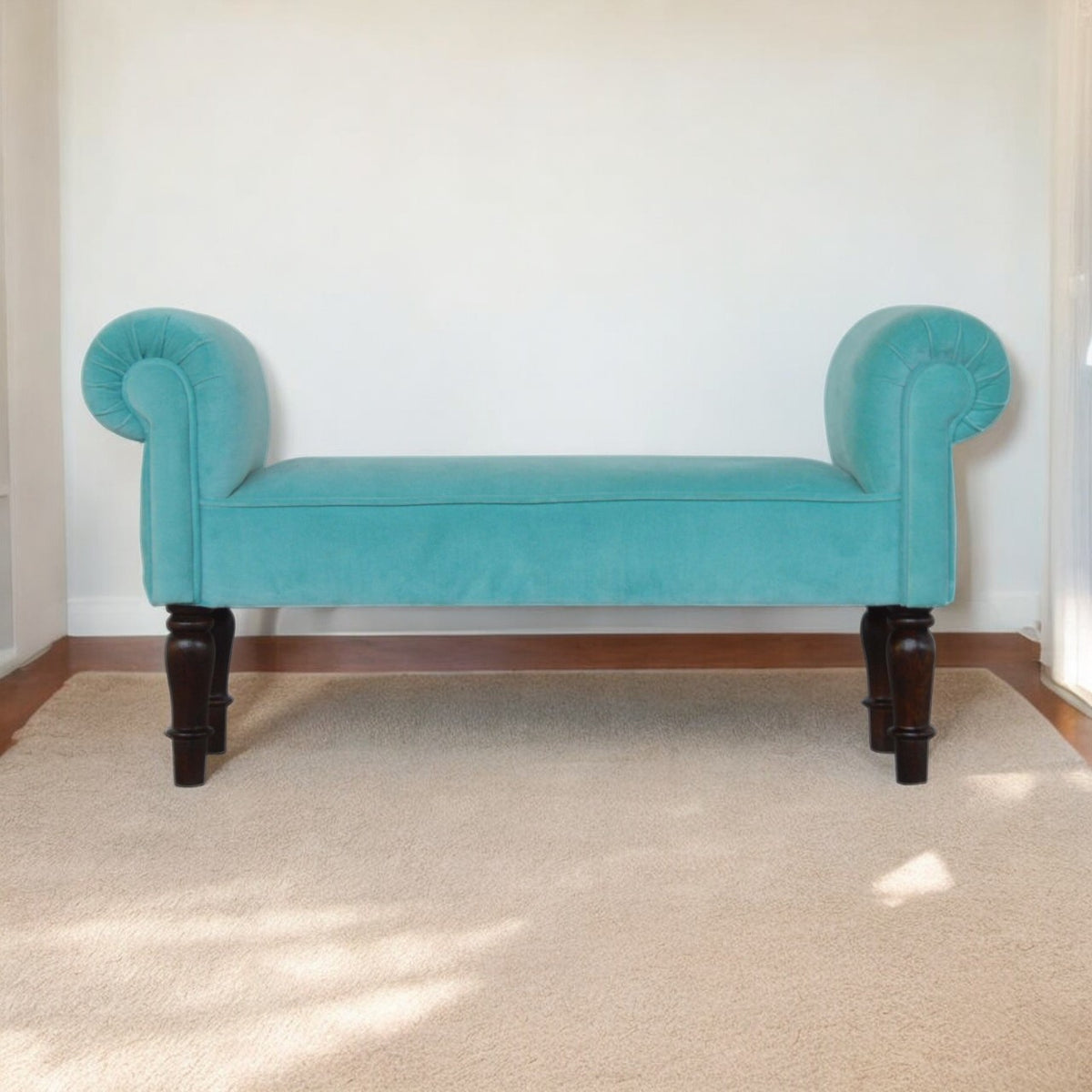 Aqua Velvet Handmade Bench for Stylish Living Space Seating in room setting