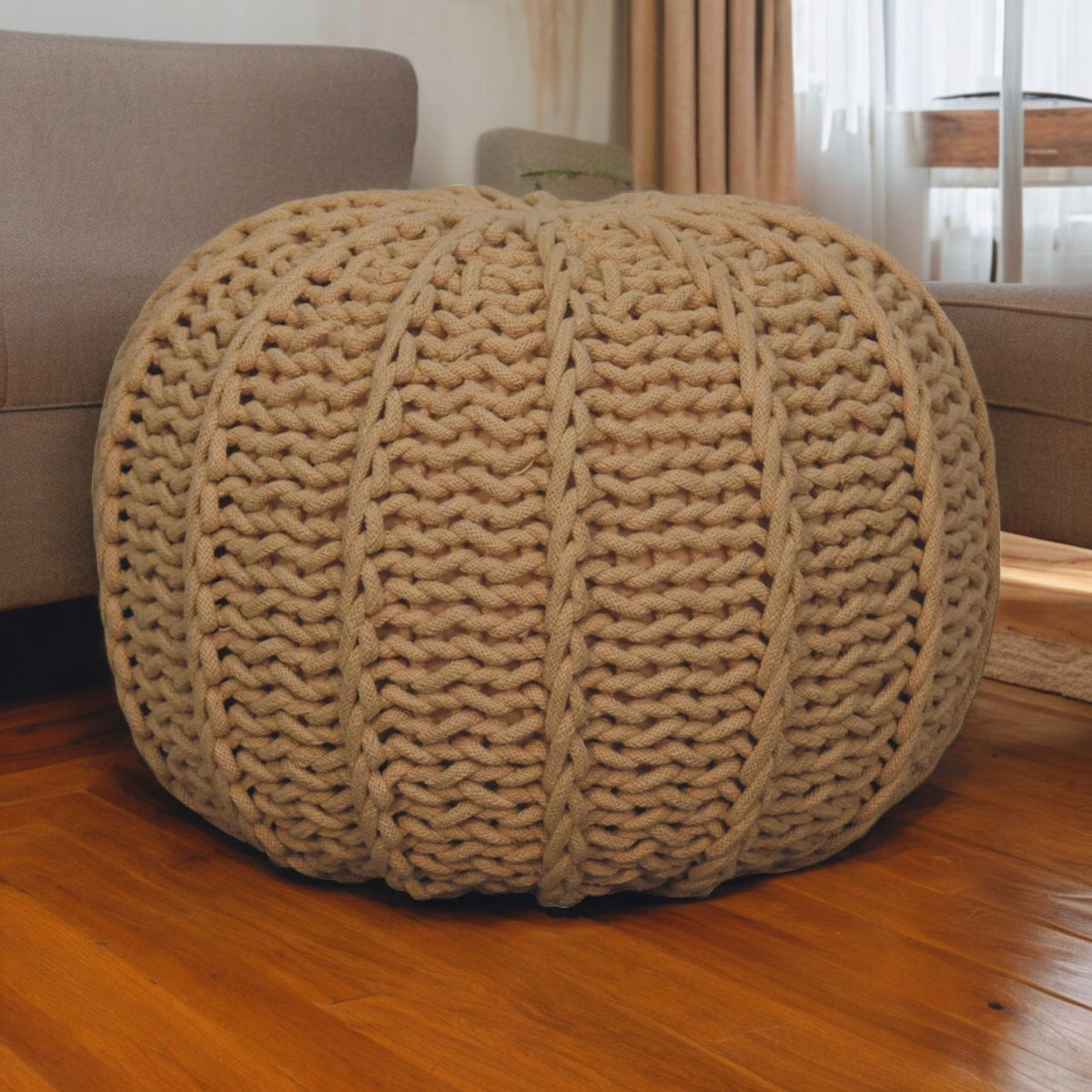 Brown Cable Pouffe Handmade Bohemian Home Decor Accessory in room setting