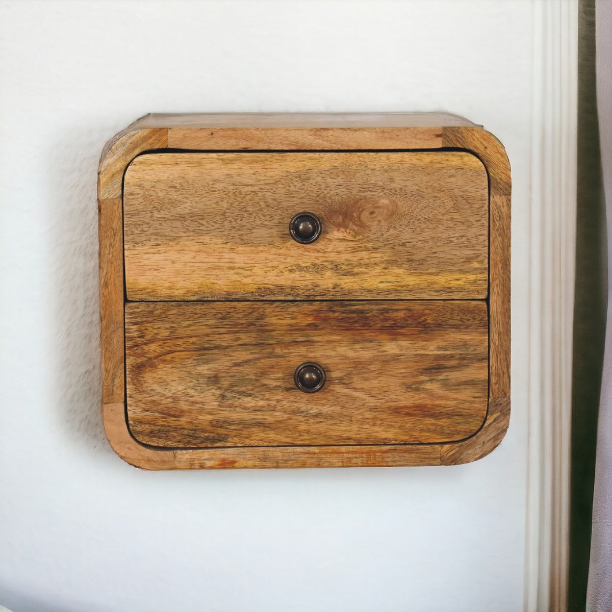 Mini Curve Oak-ish Floating Bedside in room setting