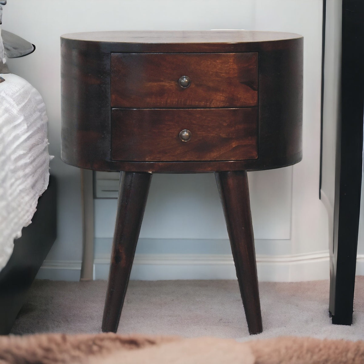 Light Walnut Rounded Bedside Table Crafted from 100 Percent Solid Mang ...