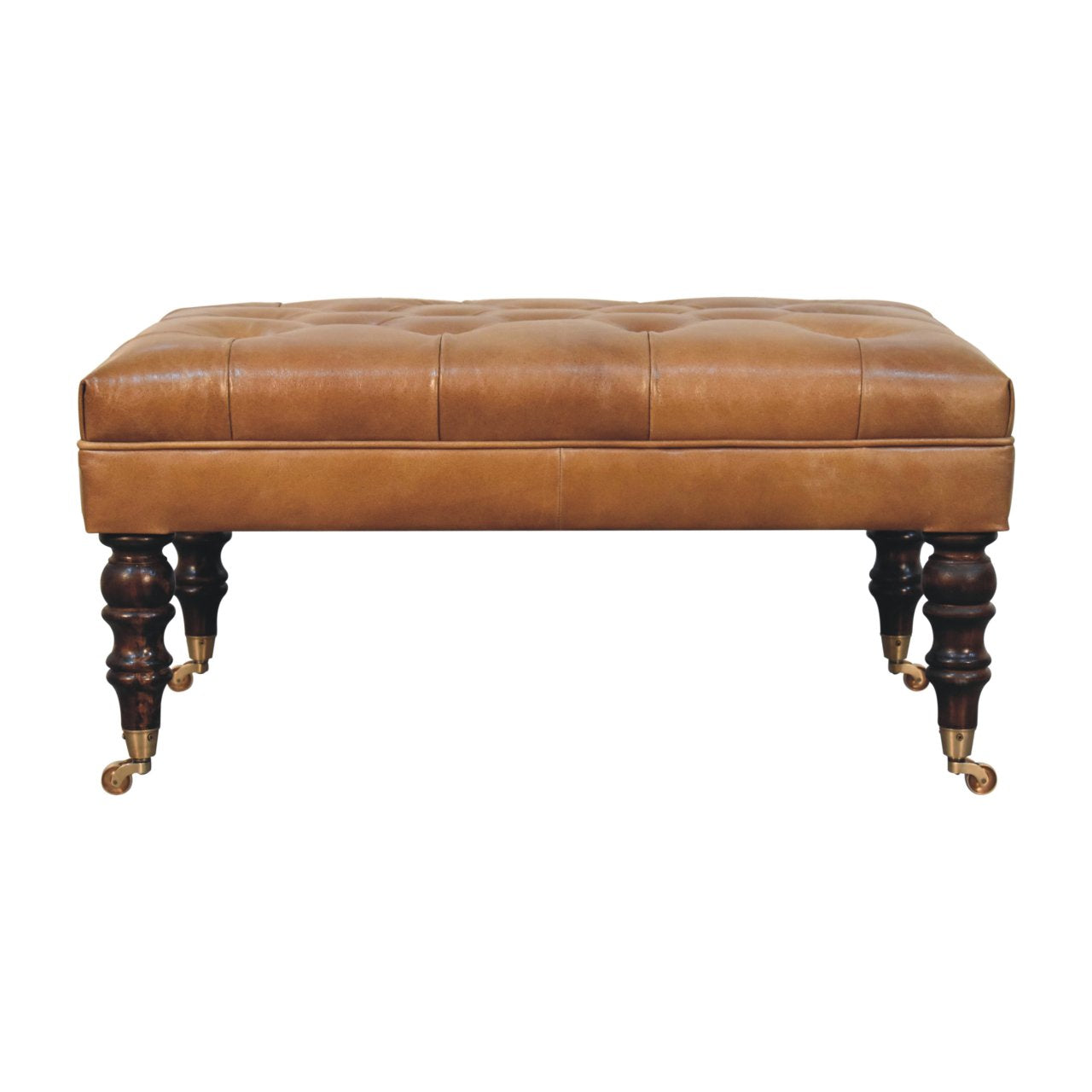 California Walnut Buffalo Green Leather Ottoman with Castor Legs