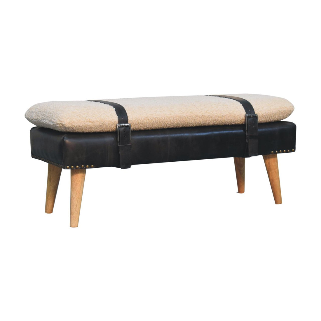 Bouclé Buffalo Hide Black Leather Bench