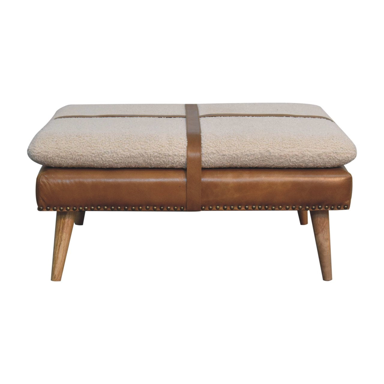 Large Square Bouclé Buffalo Hide Brown Leather Footstool