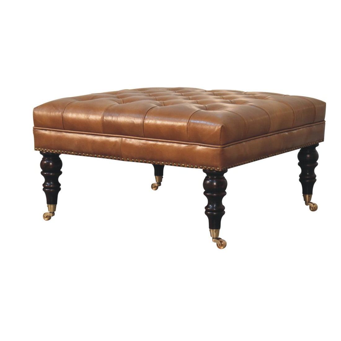 Studded Buffalo Tan Leather Ottoman with Castor Legs