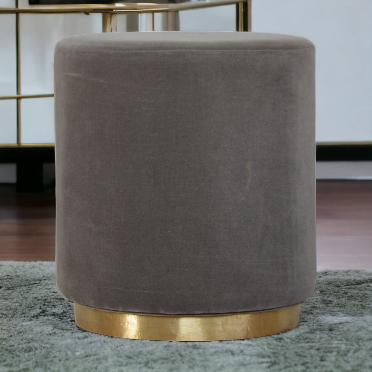 Gold Base Grey Velvet Footstool in room setting