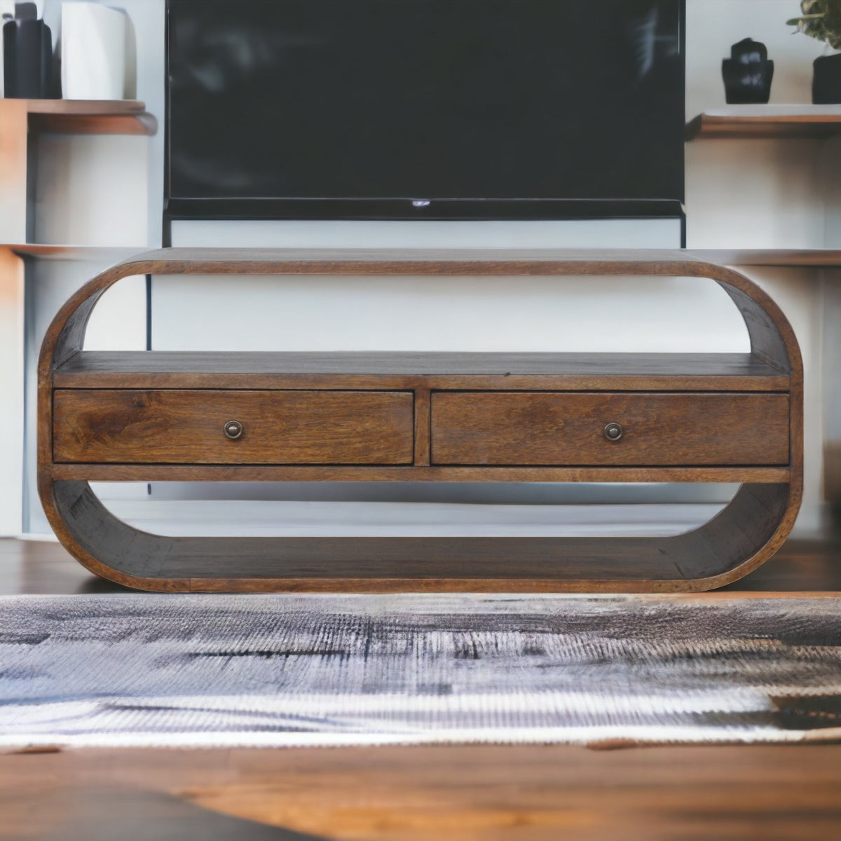 Chestnut Curved Edge Media Unit with 2 Drawers in room setting
