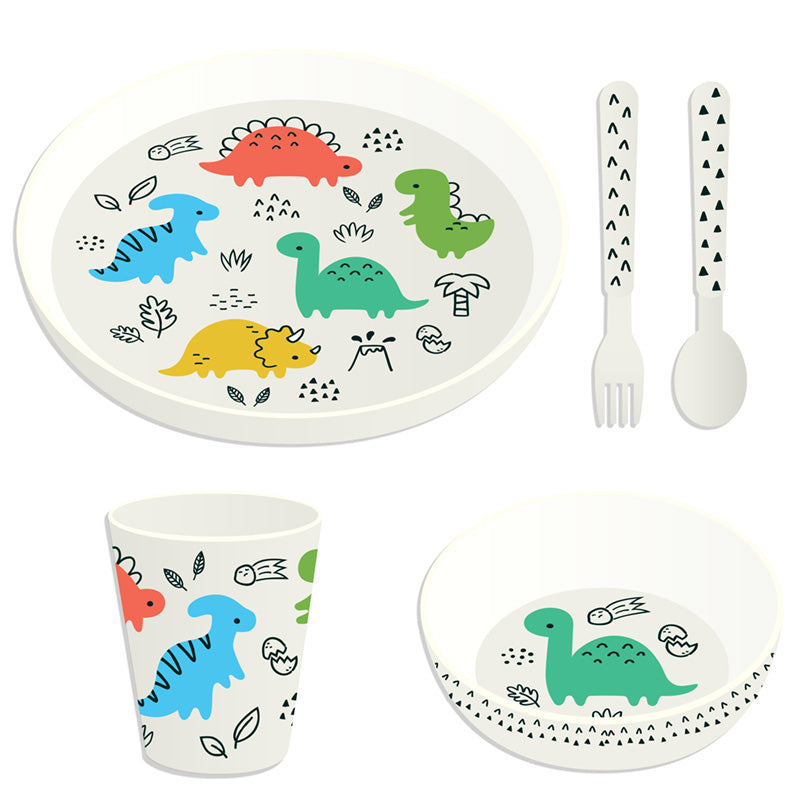 Recycled RPET Set of 5 Kids Cup, Bowl, Plate & Cutlery Set - Dinosauria