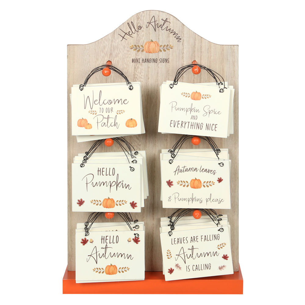 Set of 30 Hello Autumn Mini Hanging Signs on a Display