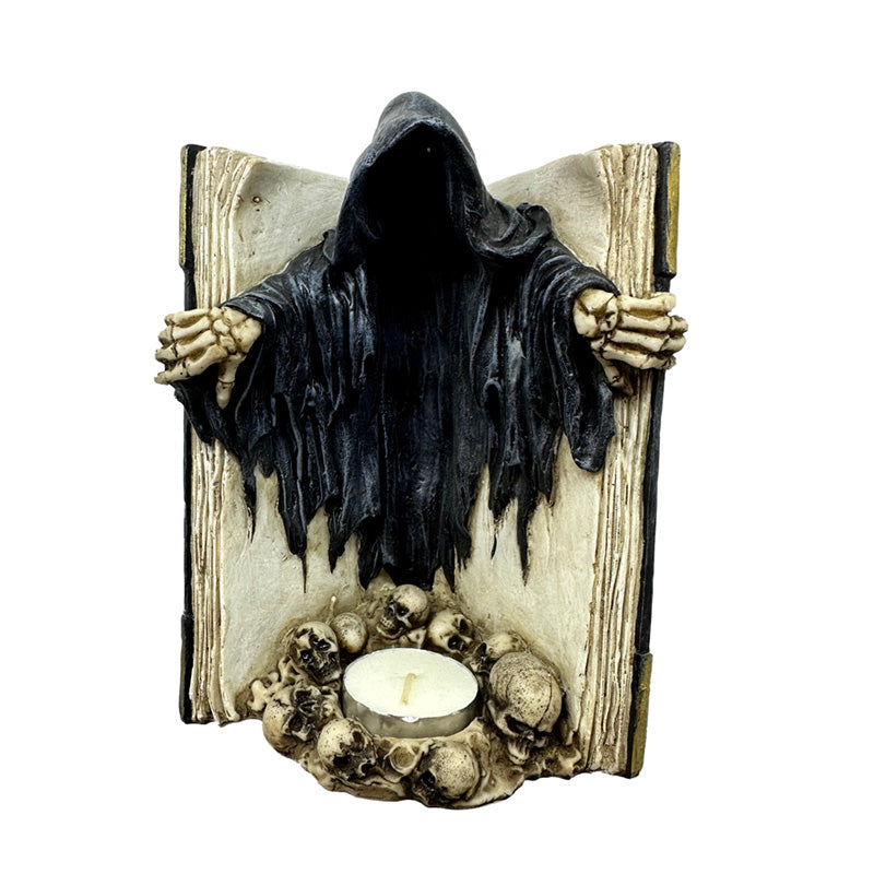 Resin Tea Light Holder - The Reaper of Death Book of Skulls