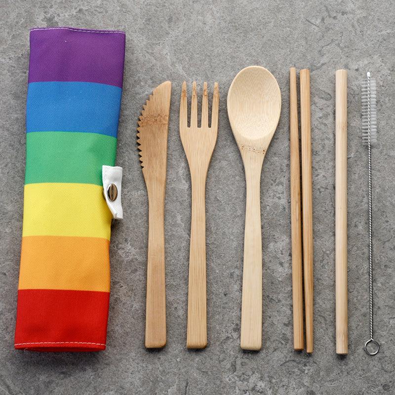 100% Natural Bamboo Cutlery 6 Piece Set - Somewhere Rainbow Stripes-