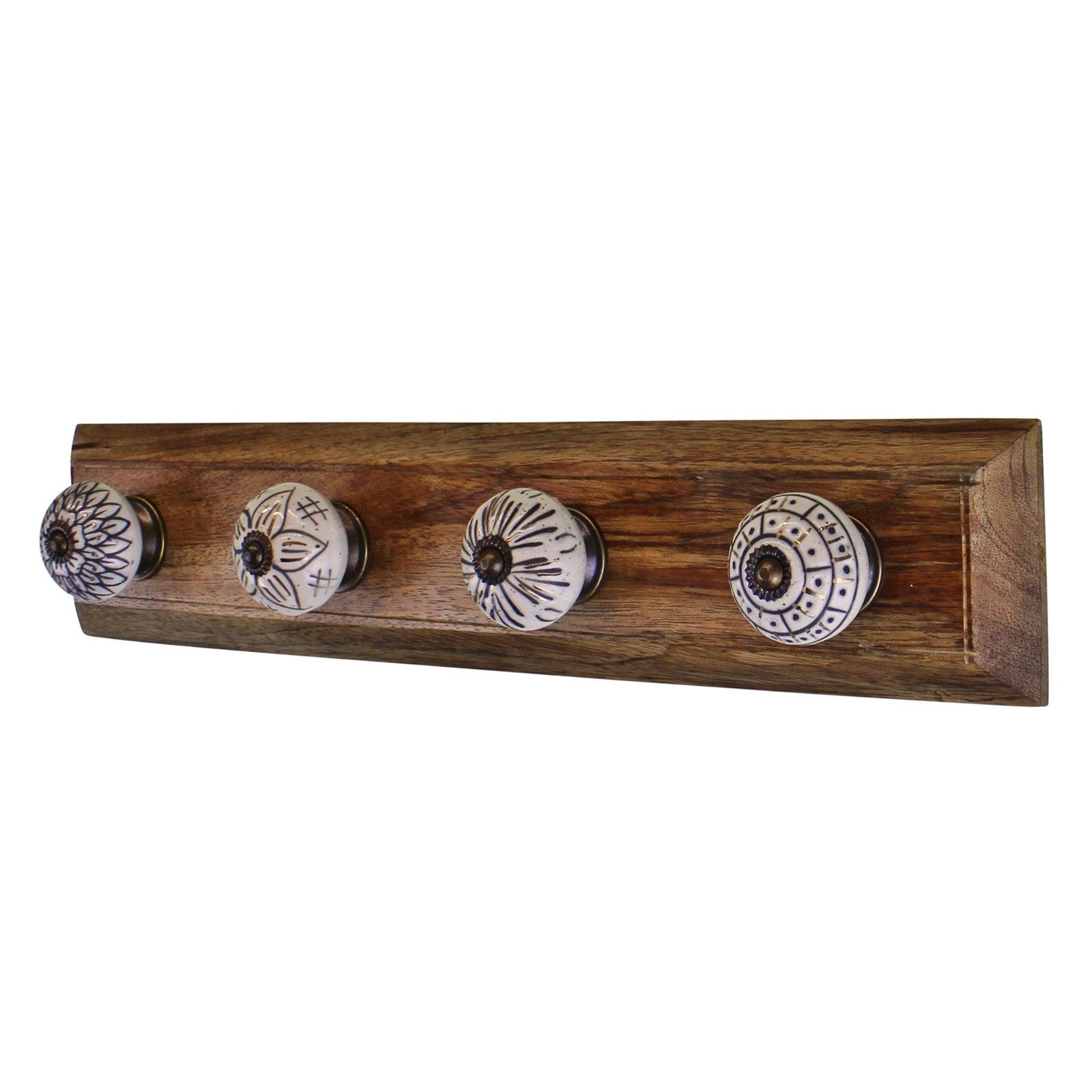 4 Single Ceramic Ivory Coat Hooks On Wooden Base - £20.99 - Coat Hooks 