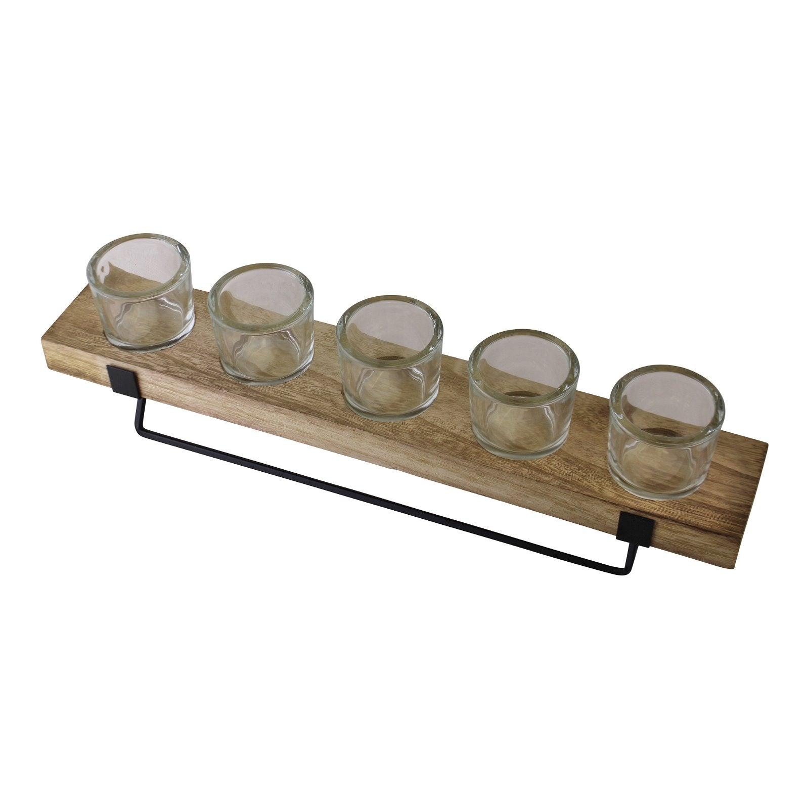 5 Piece Glass, Wood & Metal Tealight Holder-Tealight Holders