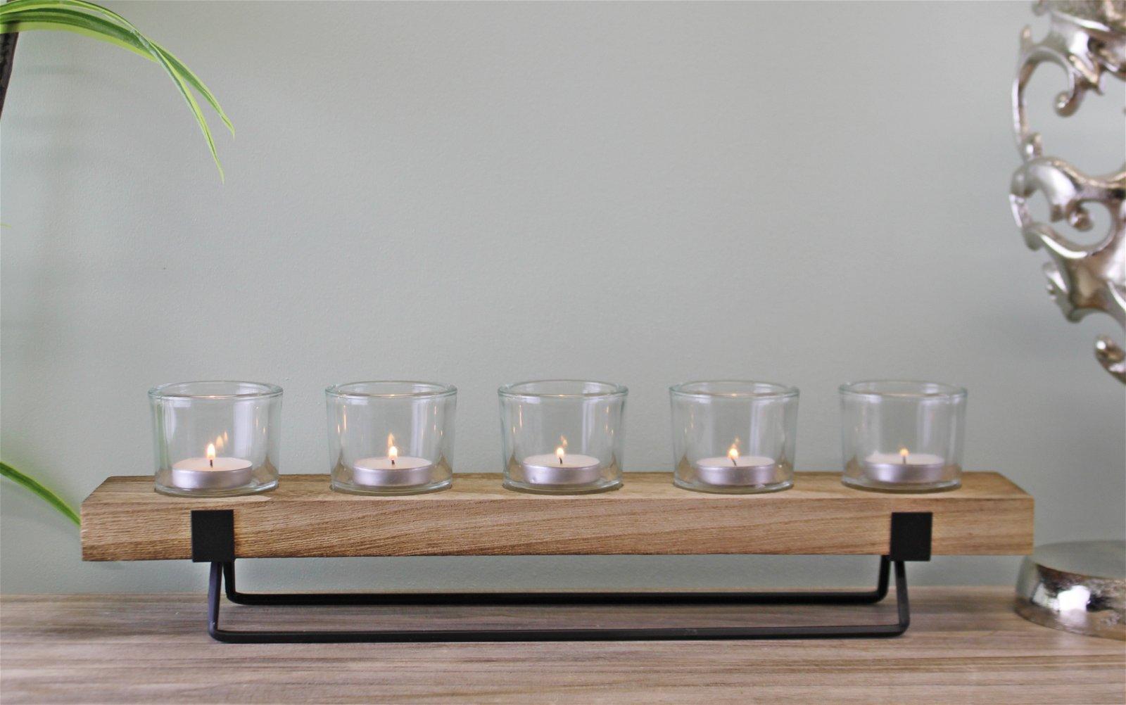 5 Piece Glass, Wood & Metal Tealight Holder-Tealight Holders