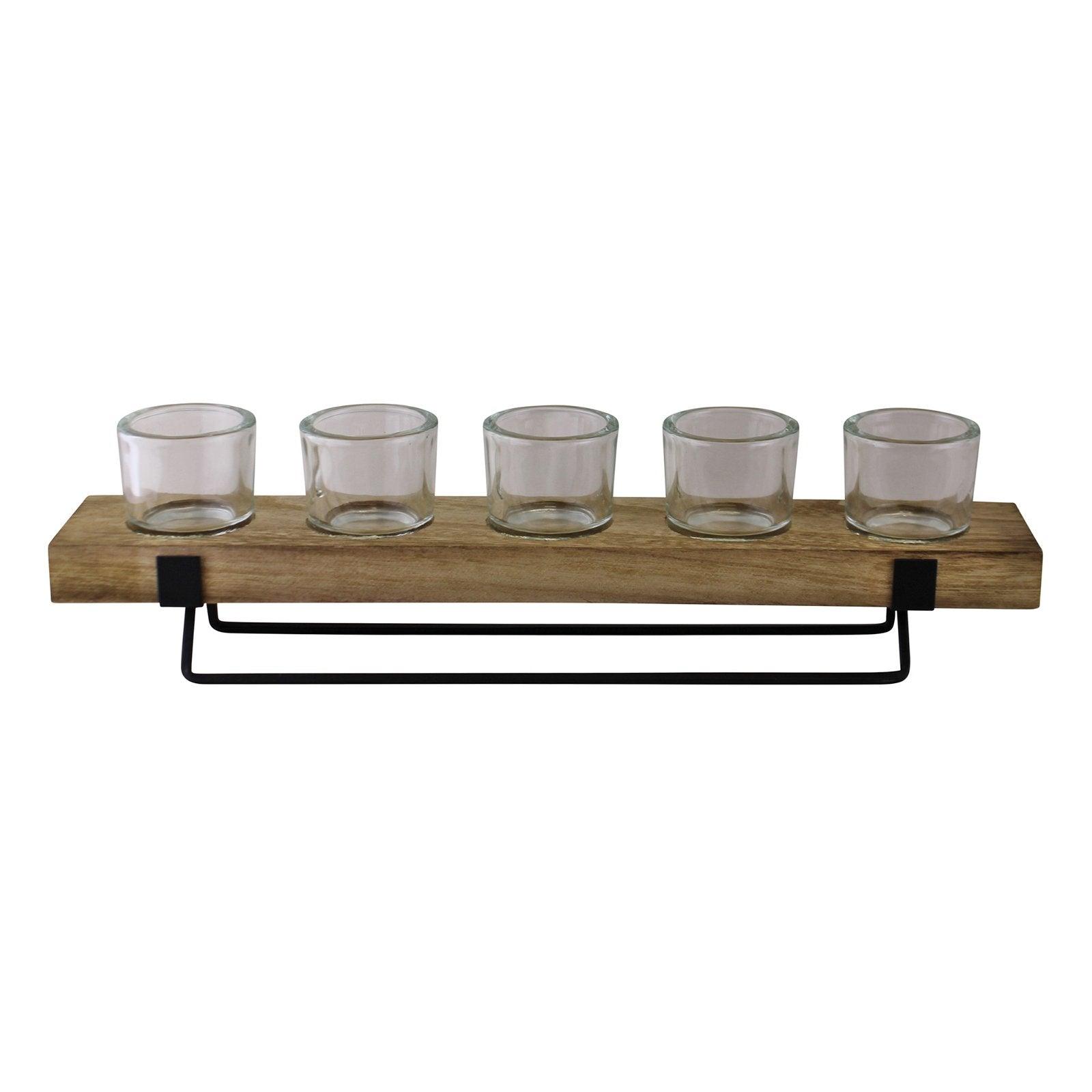 5 Piece Glass, Wood & Metal Tealight Holder-Tealight Holders