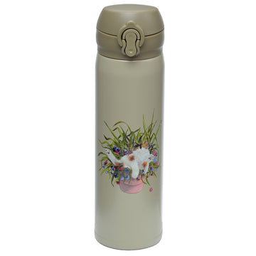 Reusable Push Top Stainless Steel Hot & Cold Thermal Insulated Drinks Bottle - Kim Haskins Floral Cat Green