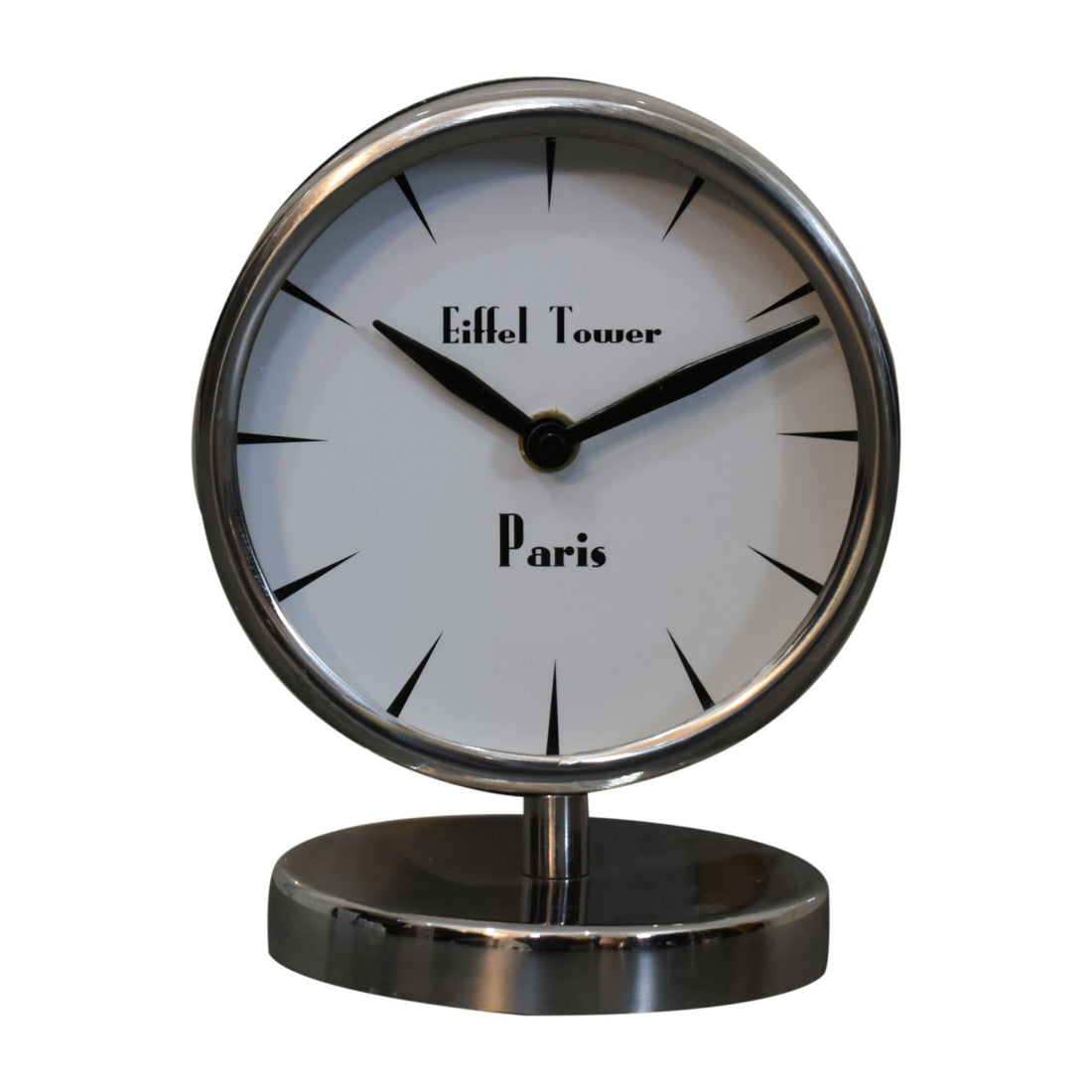 Round Chrome Table Clock with White Face