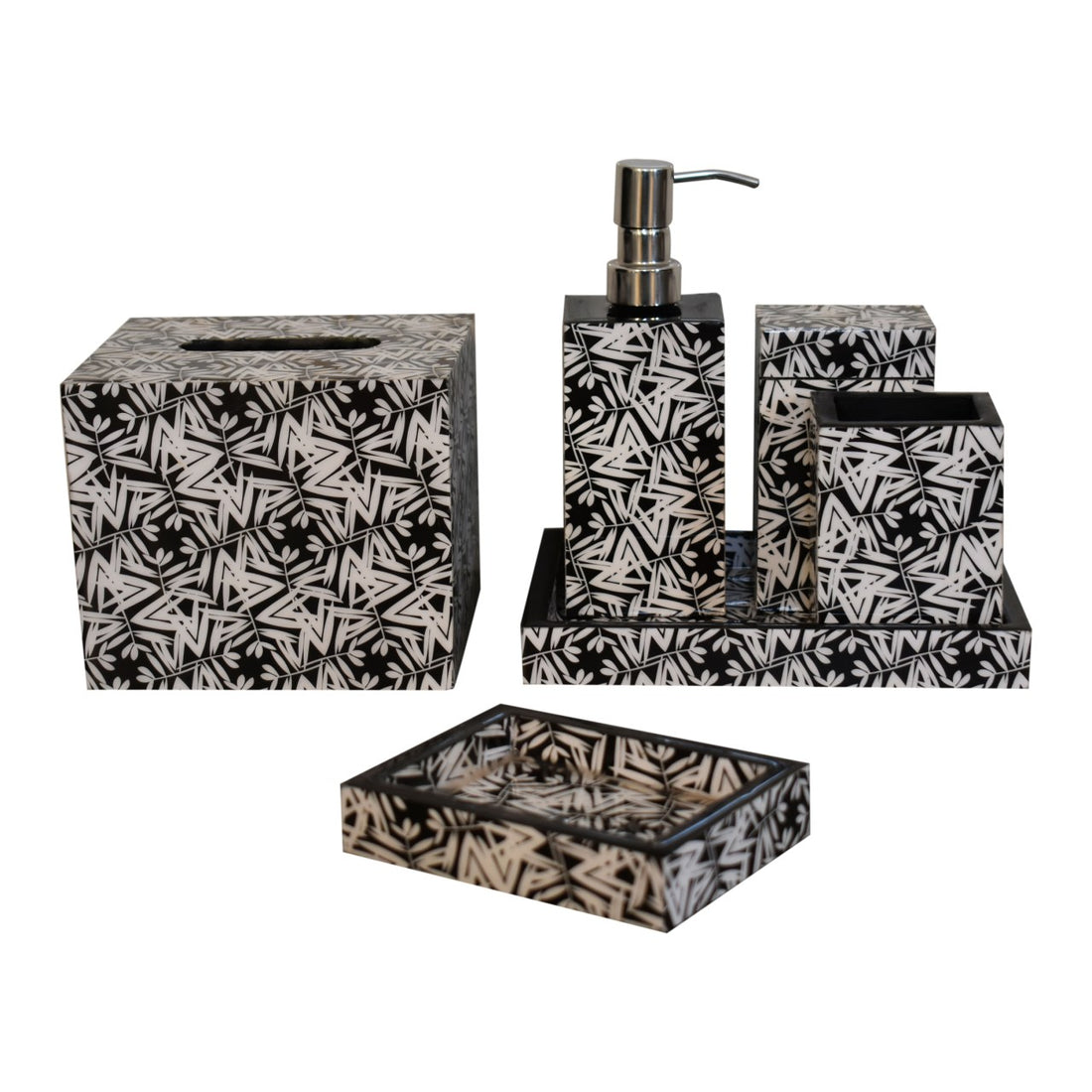 Aztec Print Mango Wood Bathroom Set of 6