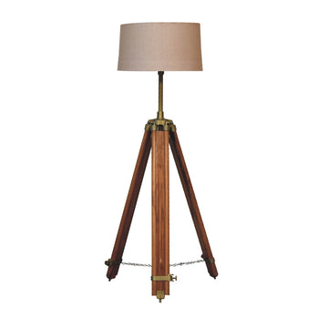 Brass Plated and Wooden Teak Floor Lamp