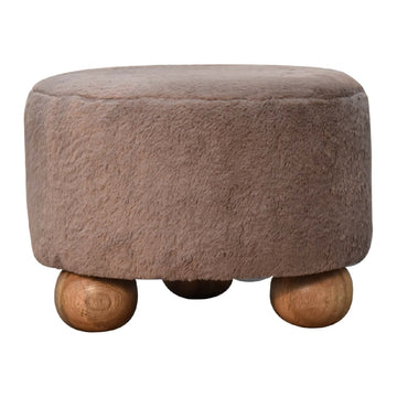 Mocha Faux Fur Round Footstool with Ball Feet