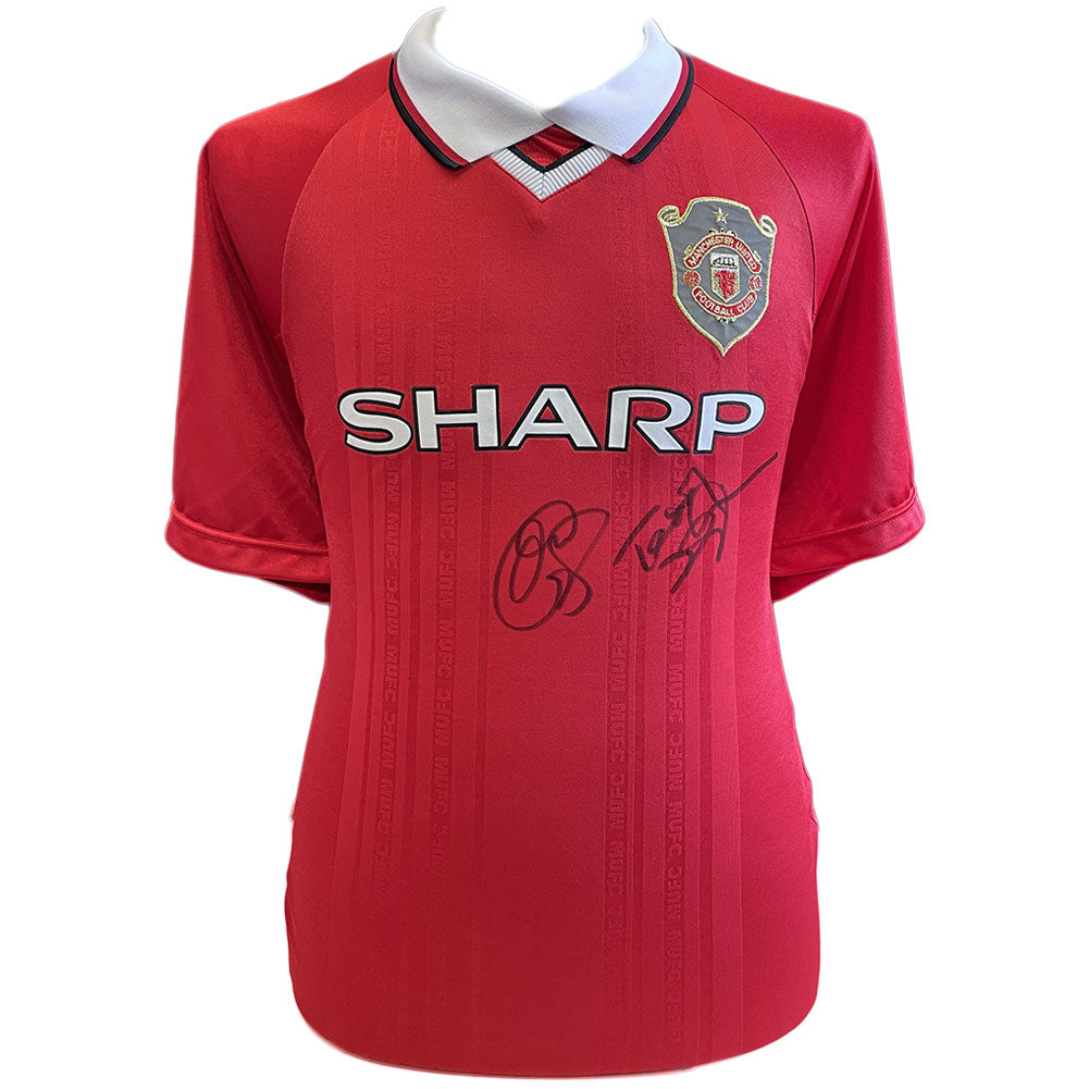 Manchester United FC 1999 Solskjaer & Sheringham Signed Shirt - Officially licensed merchandise.