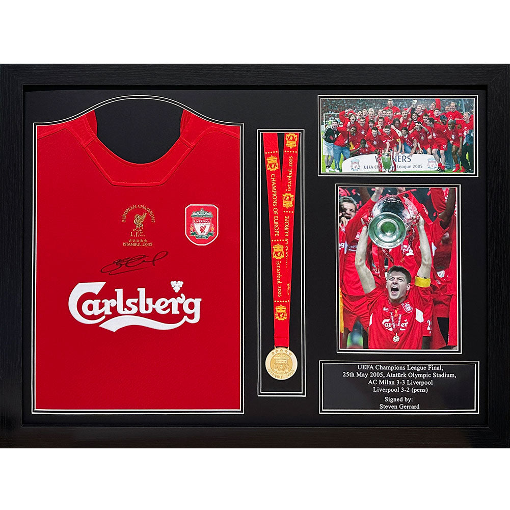 Liverpool FC 2005 Gerrard Signed Shirt & Medal (Framed) - Officially licensed merchandise.