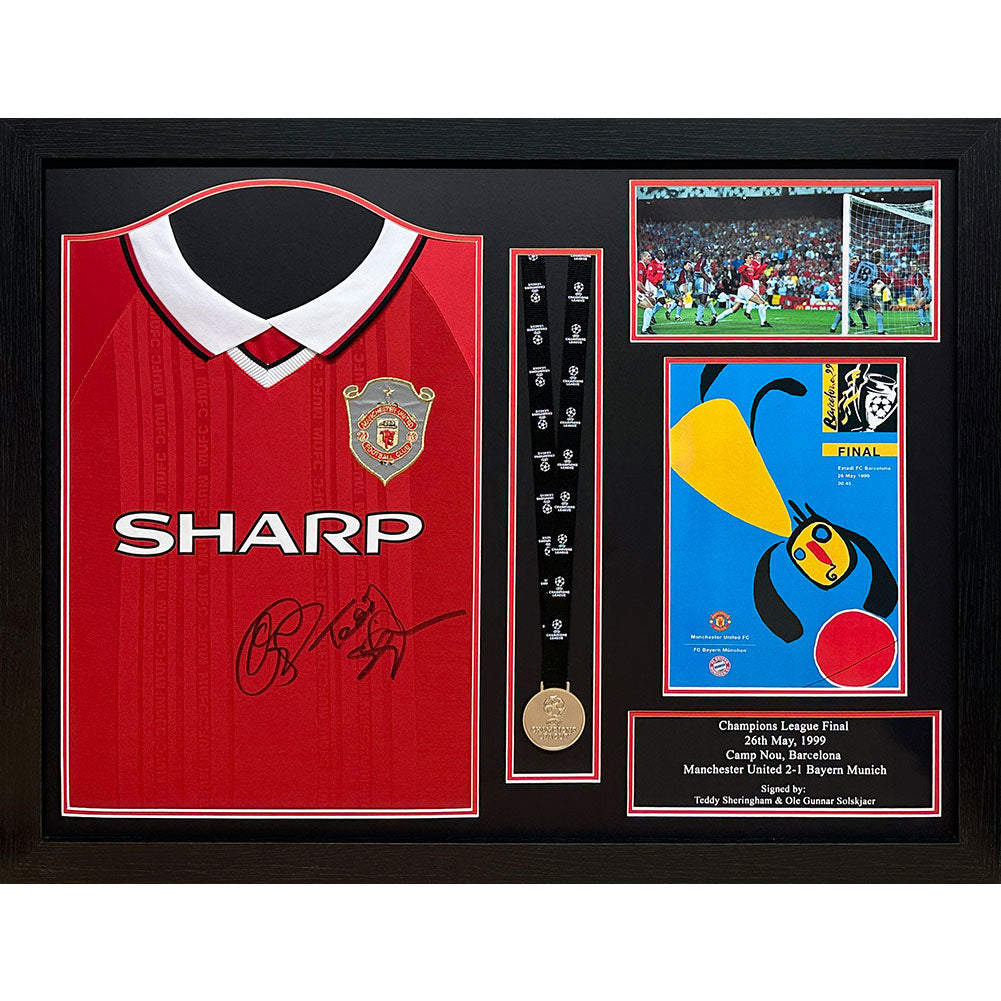 Manchester United FC 1999 Solskjaer & Sheringham Signed Shirt & Medal (Framed) - Officially licensed merchandise.