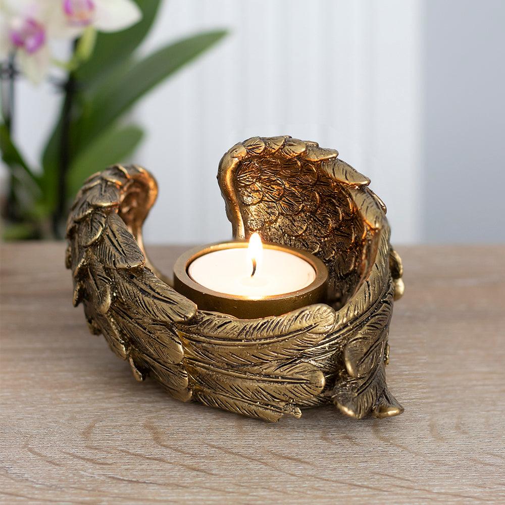 Antique Gold Angel Wing Tealight Candle Holder-Candle Holders