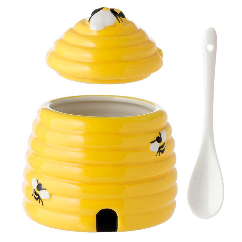 Beehive Shaped Ceramic Pot with Lid and Spoon-