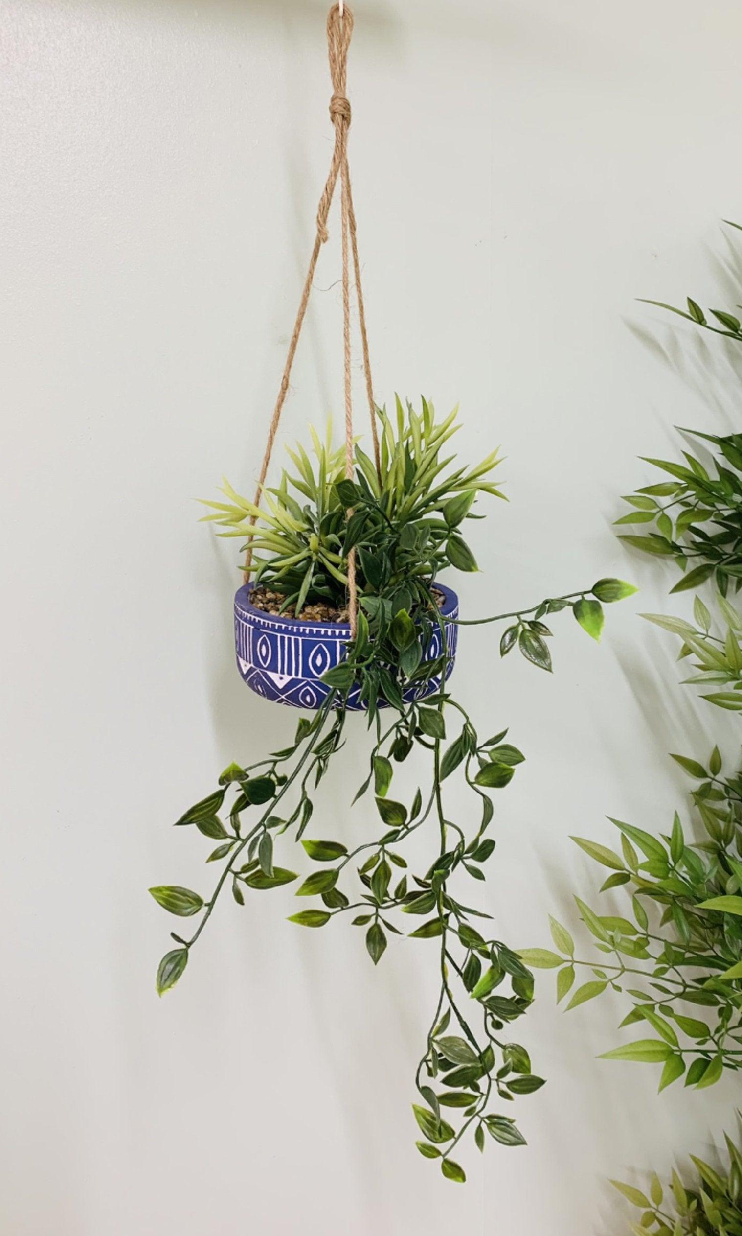 Blue Ceramic Hanging Pot with Plants-Small Succulents & Faux Bonsai