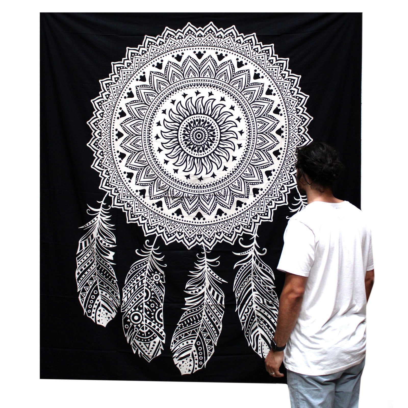 B&W Double Cotton Bedspread + Wall Hanging - Dreamcatcher-