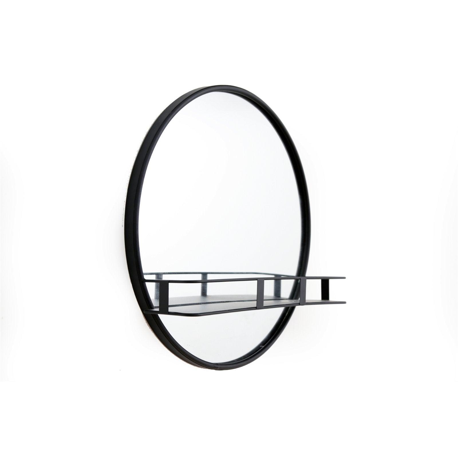 Circular Black Metal Framed Mirror With Shelf-