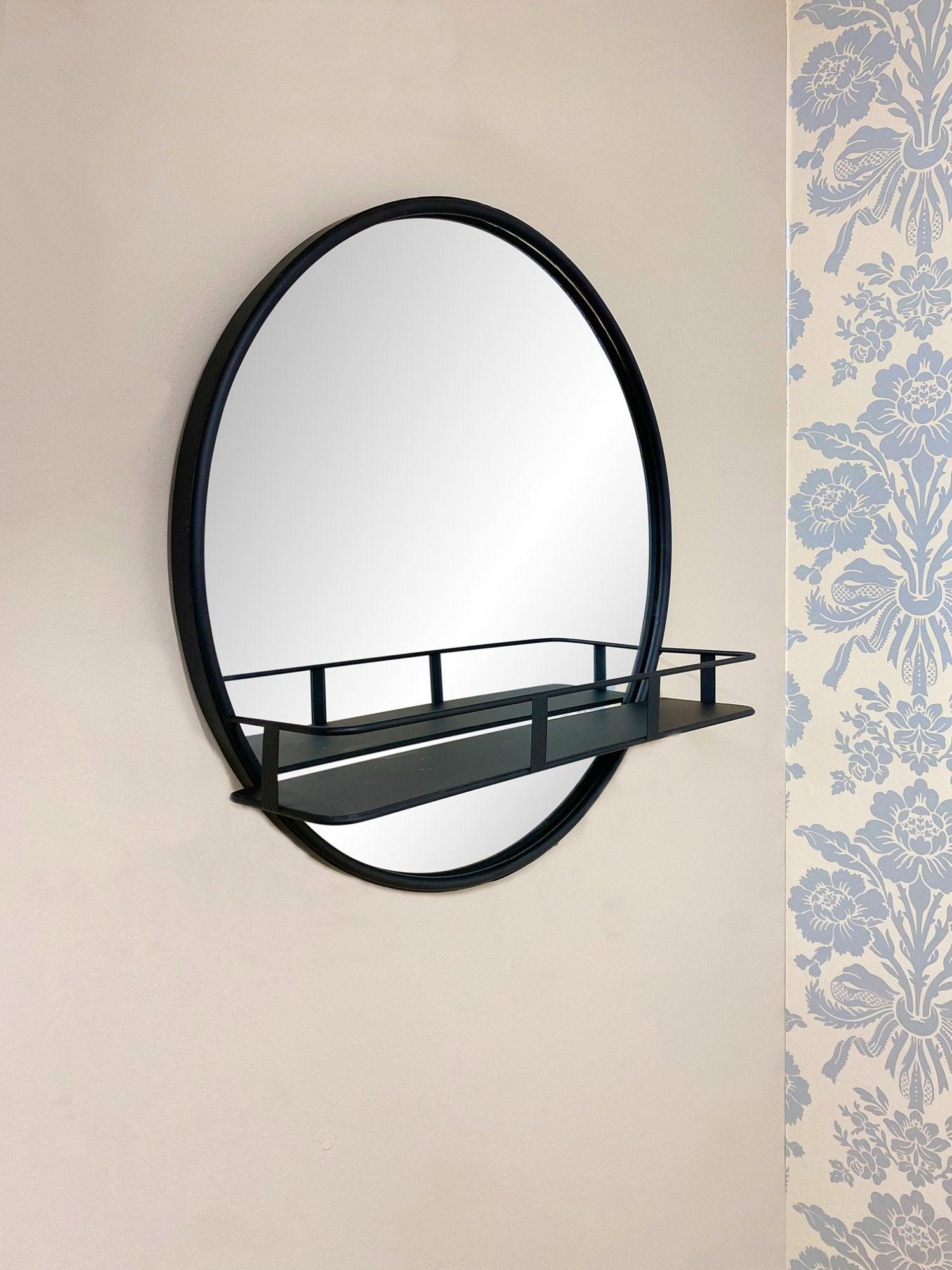 Circular Black Metal Framed Mirror With Shelf - £74.99 - 