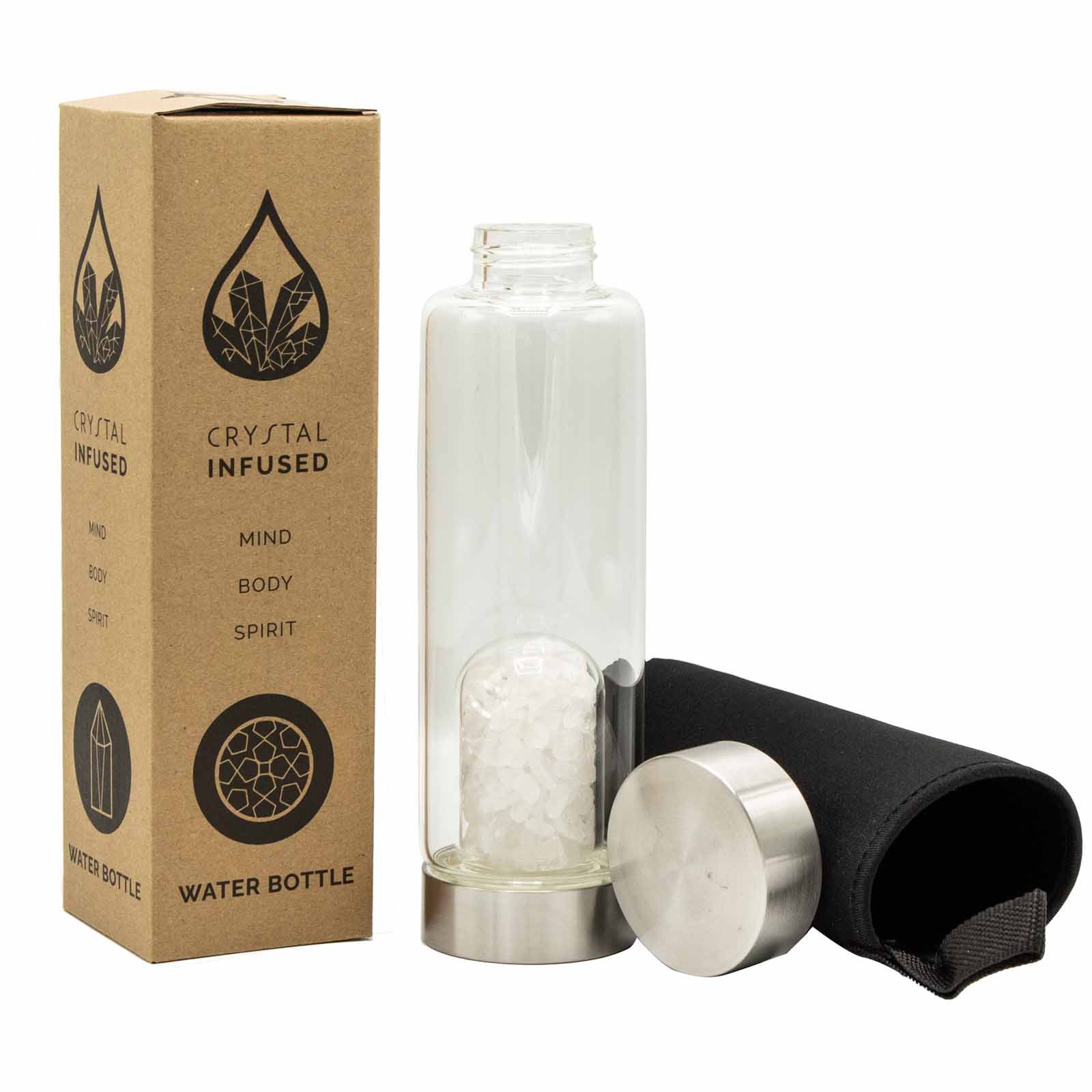 Crystal Infused Glass Water Bottle - Cleansing Clear Quartz - Chips-