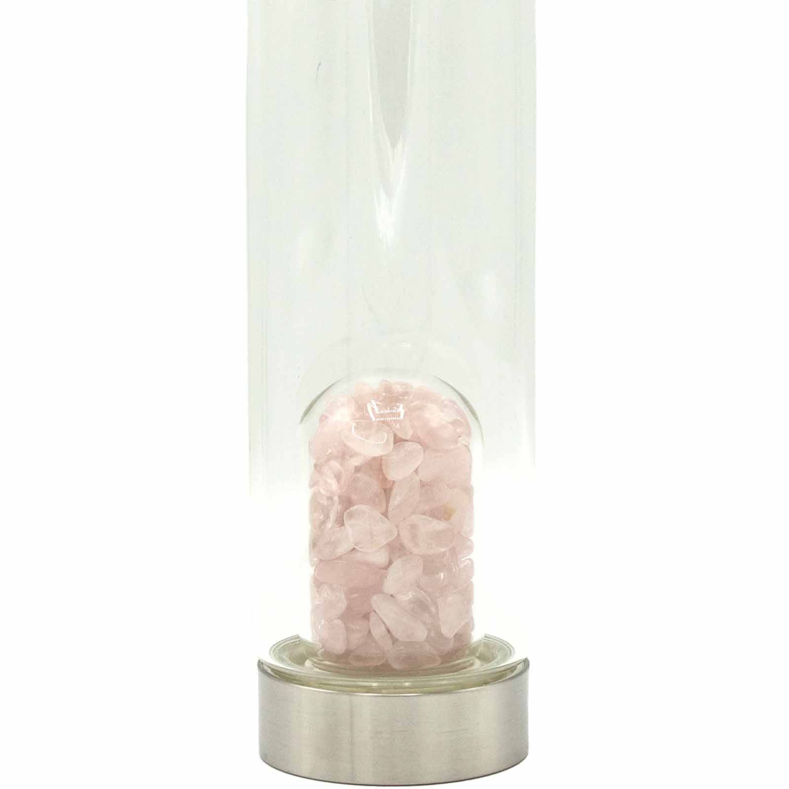 Crystal Infused Glass Water Bottle - Rejuvenating Rose Quartz - Chips-