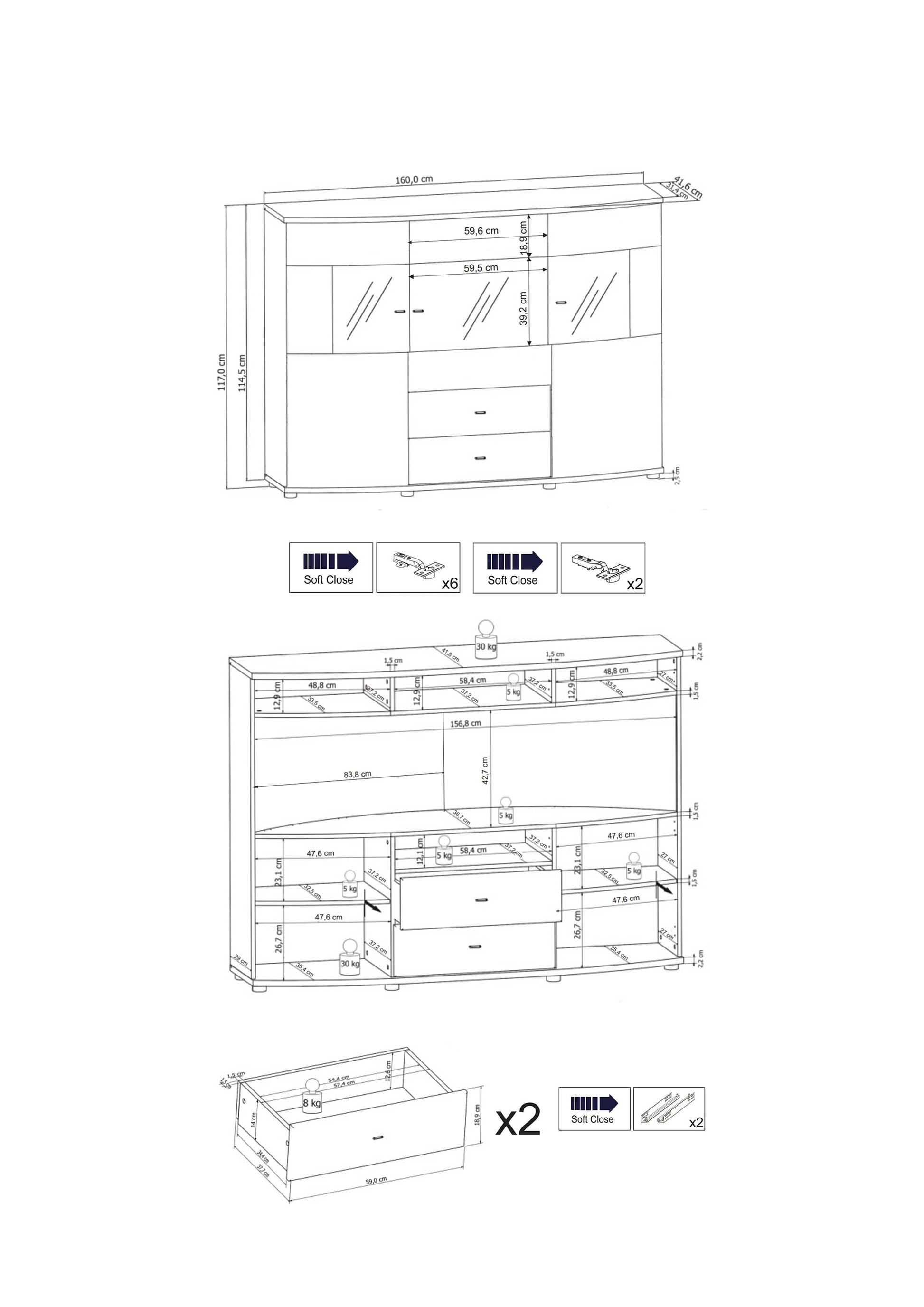 Dera 81 Sideboard Display Cabinet 160cm-Living Room Display Cabinet