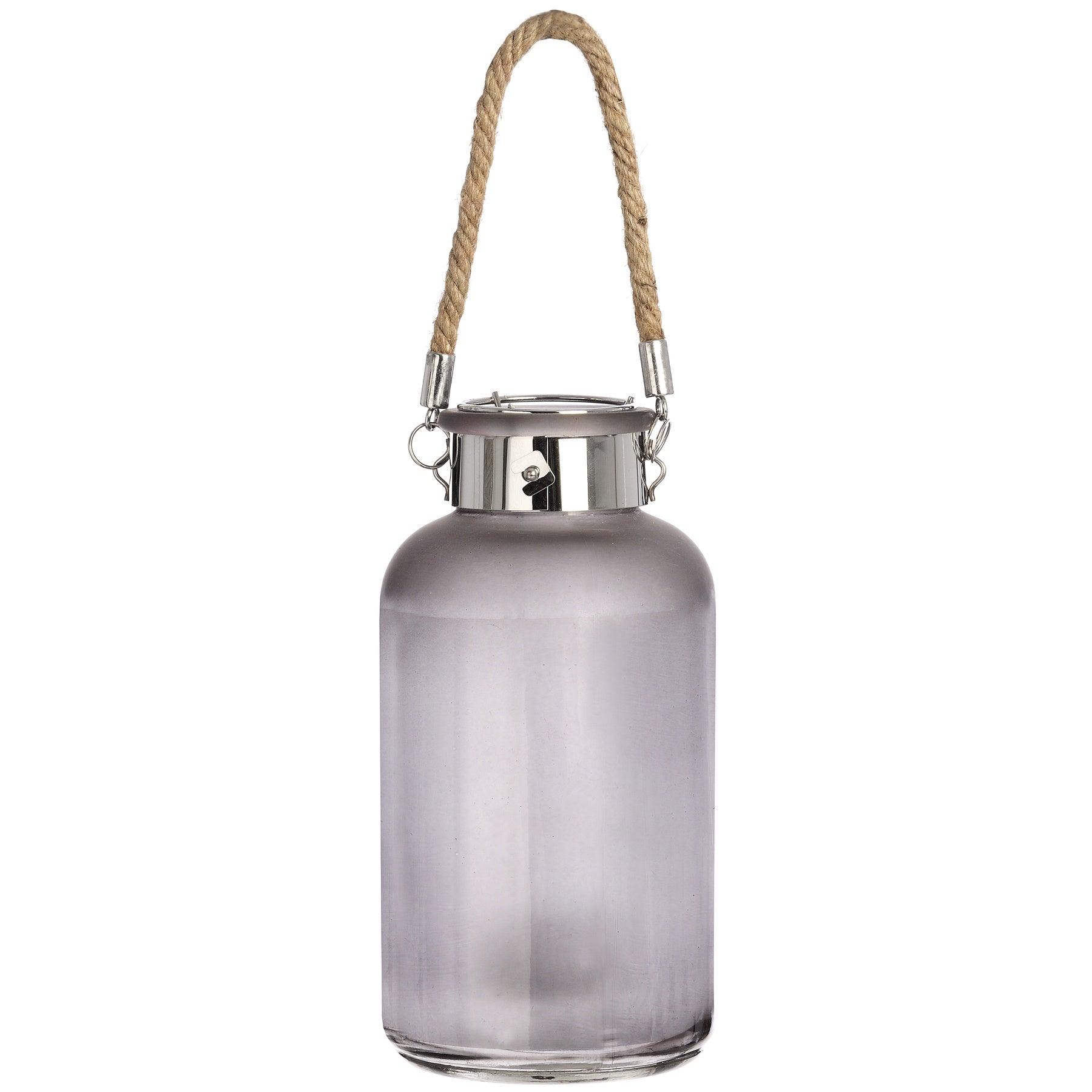 Frosted Grey Glass Lantern with Rope Detail and LED - £29.95 - Lighting > Lanterns > Starry Skies 