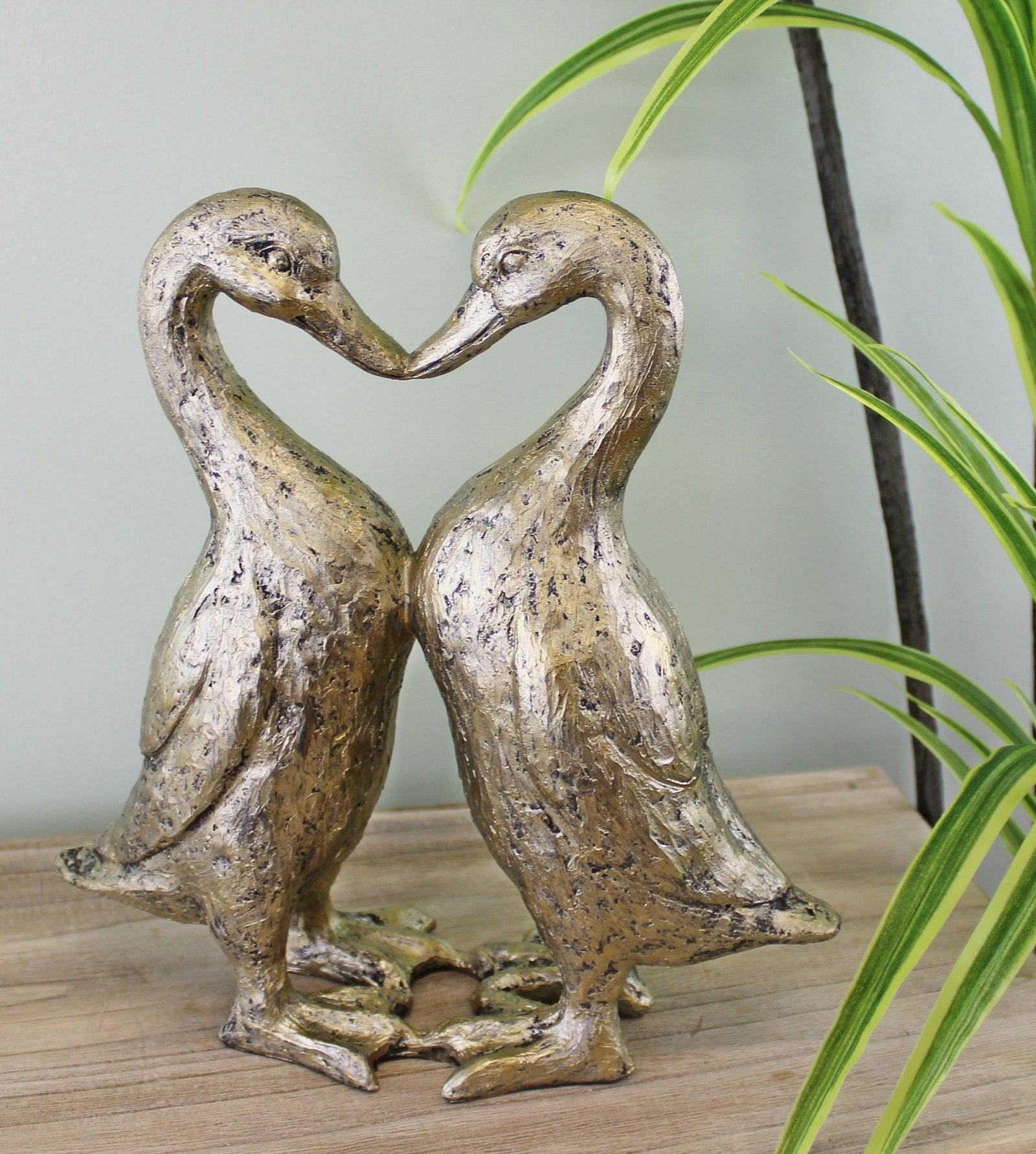 Gold Resin Kissing Ducks Heart Ornament-Animals