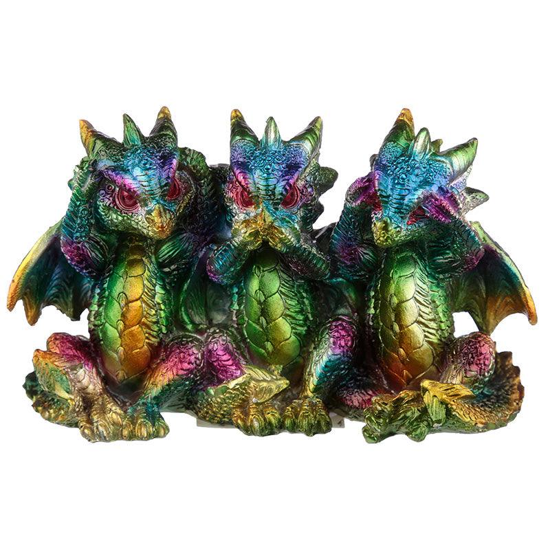 Hear No See No Speak No Metallic Rainbow Dragon Figurine - £12.49 - 